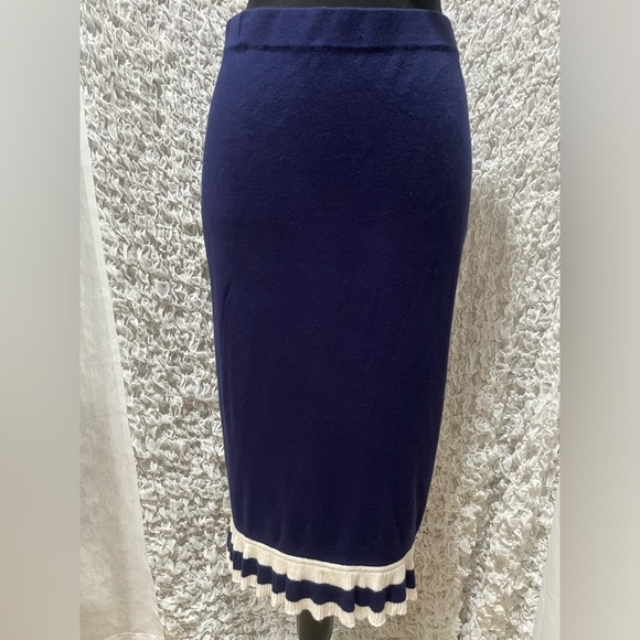 Spiegel NAVY Blue Knit WHITE RUFFLE HEM, VINTAGE PENCIL SKIRT SIZE M: - Picture 6 of 9
